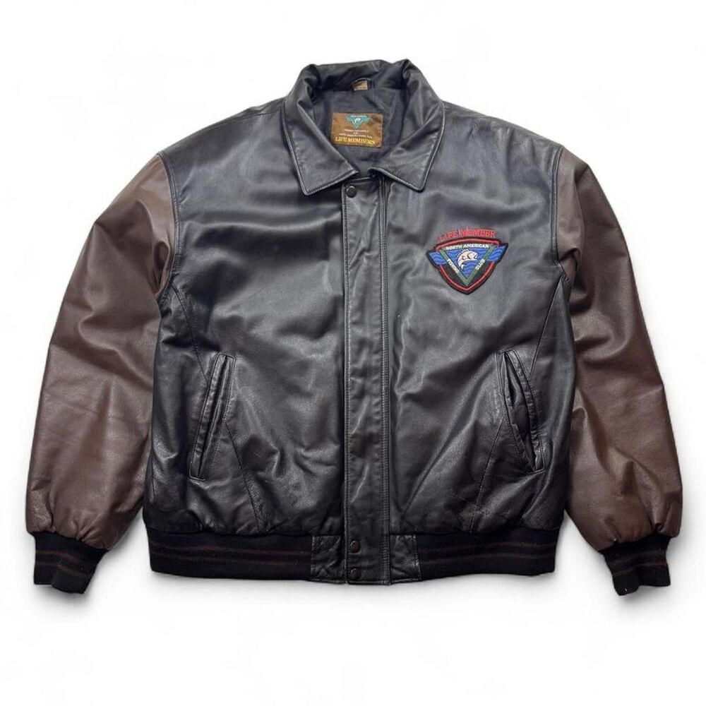 Vintage North American Fishing Club Life Member Leather Bomber Jacket Size XL